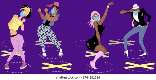 People dancing in a night club, wearing face covering and resuming physical distancing, EPS 8 vector illustration