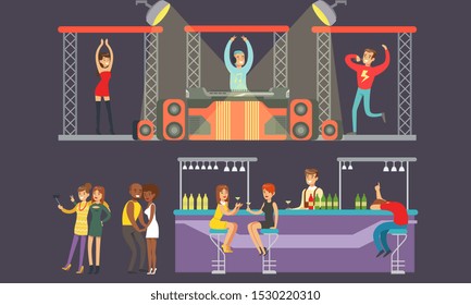 People Dancing at Nightclub, Young Men and Women Drinking in the Bar, DJ Playing Music Vector Illustration