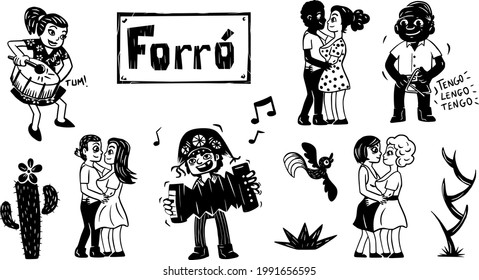 People dancing to northeastern music from Brazil. Illustration in woodcut style.