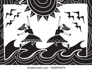 people dancing on the beach in the sun. illustration of cordel style