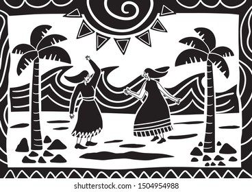 people dancing on the beach in the sun. illustration of cordel style