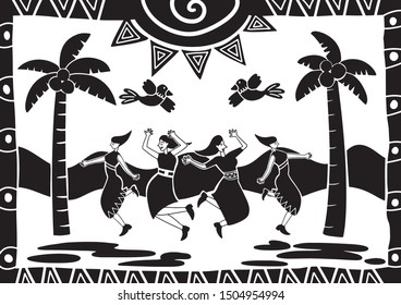people dancing on the beach in the sun. illustration of cordel style