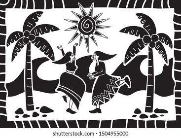 people dancing on the beach in the sun. illustration of cordel style