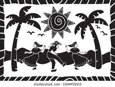 people dancing on the beach in the sun. illustration of cordel style