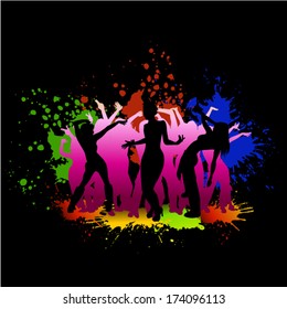 People dancing on a colorful background. Vector