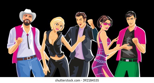 People dancing on the party. Vector flat color illustration.