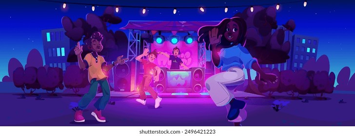 People dancing at outdoor concert in park. Vector cartoon illustration of dj performing on illuminated stage with floodlights, happy men and women enjoying music, night city view with modern buildings