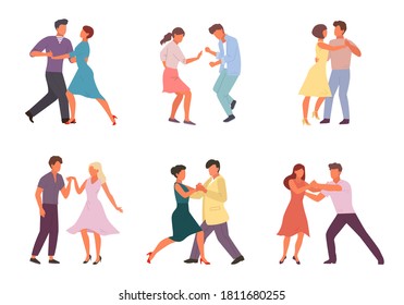 People Dancing In Pairs Set. Stylish Male And Female Characters Perform Incendiary Tango Guy Girl In Rhythm Of Salsa Woman With Man Circle Of Passionate Cuban Rumba. Cartoon Vector Art.