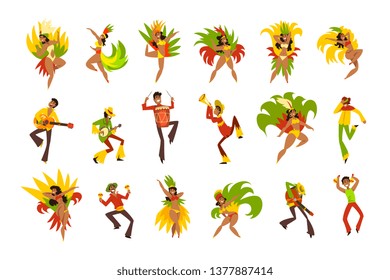 People dancing and playing music, Brazil carnival, dancing men and women in bright costumes vector Illustrations on a white background