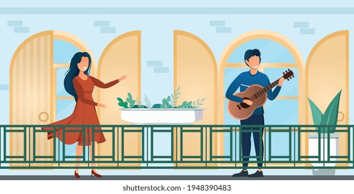 People dancing and playing musical instrument on balcony. Dating in Italian style. Flat cartoon vector illustration concept design. Simple art isolated on white background.