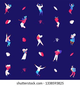 People dancing and playing musical instruments on dark blue background. Flat  happy characters on party or celebration drawn with bright gradient colors