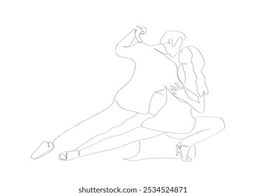 Pessoas dançando salsa. Uma linha contínua desenhando casais, homem e mulher em dança juntos. Pares de dançarinos com estilos de valsa tango e salsa se movem. Vetor feito à mão não AI.