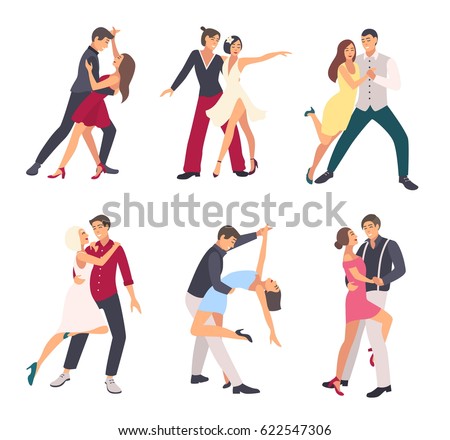 People dancing salsa. Couples, man and woman in dance, in different postures. Colorful flat illustration set.