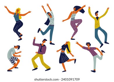 People dancing set in flat character design for web. Bundle persons of different women and men in motion, celebrating and moving at disco, jumping for fun and joy at discotheque. Vector illustration.