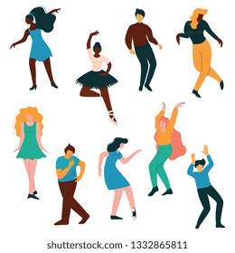 People Dancing Set, Men and Women Dancer Performing Classical and Modern Dance Vector Illustration