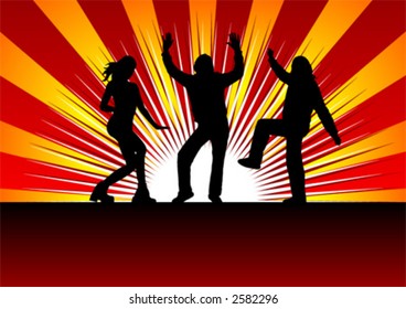 People dancing silhouettes over abstract background. Colors can be changed very easily.