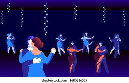 People dancing tango at the milonga. Flat vector illustration.