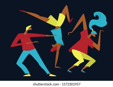 People are dancing together. Group of young happy people. Male and female dancers on dance party. Colorful vector illustration in flat cartoon style.
