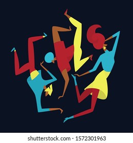People are dancing together. Group of young happy people. Male and female dancers on dance party. Colorful vector illustration in flat cartoon style.
