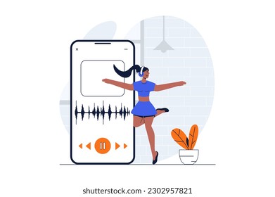 People dancing web concept with character scene. Woman enjoying dance in studio and training with mobile app. People situation in flat design. Vector illustration for social media marketing material.