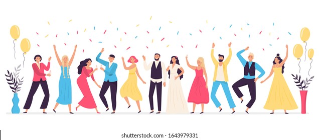 People dancing at wedding. Romance newlywed dance, traditional wedding celebration celebrating with friends and family vector illustration. Cute happy bride, groom and guests having fun at party.