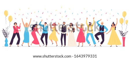 People dancing at wedding. Romance newlywed dance, traditional wedding celebration celebrating with friends and family vector illustration. Cute happy bride, groom and guests having fun at party.