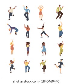 People dancing. Young men, women, teenagers, boys and girls dancers of different races, blacks, indians, europeans. Friends dance, group of young happy dancing cartoon vector