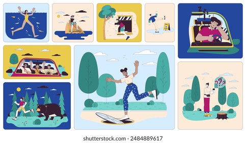 People in dangerous situations bento grid illustration set. Accidents in everyday life 2D vector image collage design graphics collection. Diverse adults unsafe flat characters moodboard layout