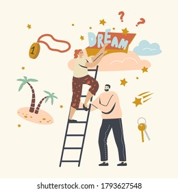 People Dare Taking Star from Sky, Aspiration and Motivation Achievement. Follow Your Dream Concept with Characters Climbing Ladder Up to Clouds, Imagine Success and Wealth. Linear Vector Illustration