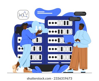 People in data center concept. Man and woman next to servers. Electronic storage and archive. System administrators at work. Modern technologies and digital world. Cartoon flat vector illustration