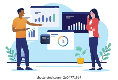 People and data charts - Two businesspeople in office working on diagrams, graphs and company data, analysing and reading business results. Flat design vector illustration on white background