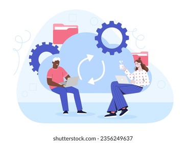 People with data storage concept. Man and woman exchange documents on Internet. Electronic storage and cloud service. Workers with corporate servers. Cartoon flat vector illustration