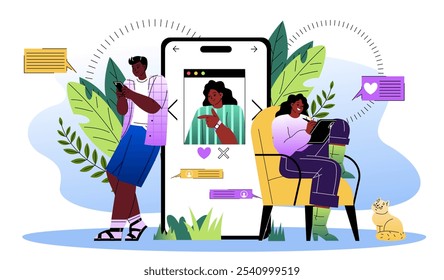 Pessoas com aplicativo de namoro. Homem e mulher perto do smartphone. Amor e romance. Data online nas redes sociais. Correspondência romântica e bate-papo. Ilustração de vetor plano isolada no plano de fundo branco