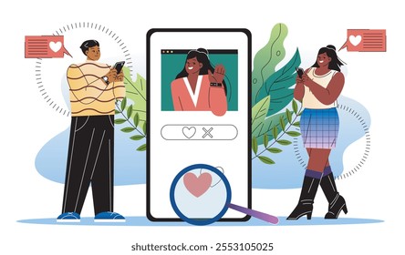 Pessoas no aplicativo de namoro. Homem e mulher perto de um enorme smartphone colocam corações uns nos outros. Romance e amor, paixão. Data virtual. Ilustração de vetor plano isolada no plano de fundo branco