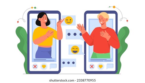 Menschen im Dating-Anwendungskonzept. Mann und Frau kommunizieren über Smartphone-Bildschirme. Soziale Netzwerke und Boten. Liebe und romantische Beziehungen. Cartoon-Flavektor-Vektorgrafik