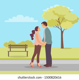 People dating in park, springtime with foliage of green trees and meadows, man and woman cuddling spending time together, loving boyfriend in autumn park. Vector illustration in flat cartoon style