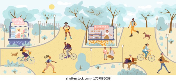 People day recreation in summer urban natural fair park. Relaxing man work online on bench. Young woman, office worker, housewife ride bicycle. Sport girl roller skate, walk. Father son eat ice-cream