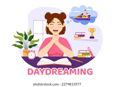 People Daydreaming Illustration with Imagining and Fantasizing in Bubble for Landing Page or Poster Templates in Flat Cartoon Hand Drawn