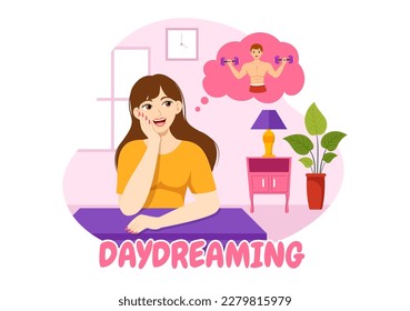 People Daydreaming Illustration with Imagining and Fantasizing in Bubble for Landing Page or Poster Templates in Flat Cartoon Hand Drawn