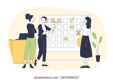 Gente con fecha límite simple. Mujeres con calendario. Planificación y programación. Gestión del tiempo y organización de un proceso de trabajo eficiente. Doodle ilustración vectorial plana aislada sobre fondo blanco