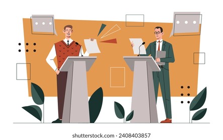 People debate concept. Two men in suit stands with microphones. Public speaking for audience. Two politician perform. Freedom of speech and press conference. Cartoon flat vector illustration