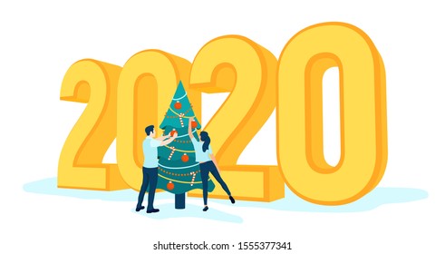 People decorate Christmas tree. 3D 2020 Golden Numbers. Man and woman preparing for the new year, are engaged in decoration. Happy New Year 2020. Merry Xmas Holiday Party. Vector illustration.