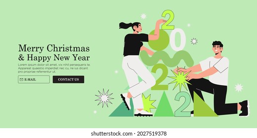 People decorate christmas tree with abstract shapes. Business team members, colleagues, employees or partners prepare for holiday celebration. Concept for website banner, header or greeting web ads.