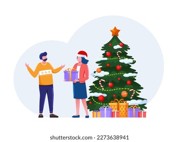 People decorate christmas tree, bring a gift, merry christmas, celebration. flat vector illustration for banners