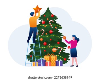 People decorate christmas tree, bring a gift, merry christmas, celebration. flat vector illustration for banners