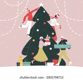 People decorate Christmas tree. Happy friends decorating Christmas fir tree together cartoon vector illustration. Xmas winter holiday preparation. Decoration christmas tree to holiday celebration