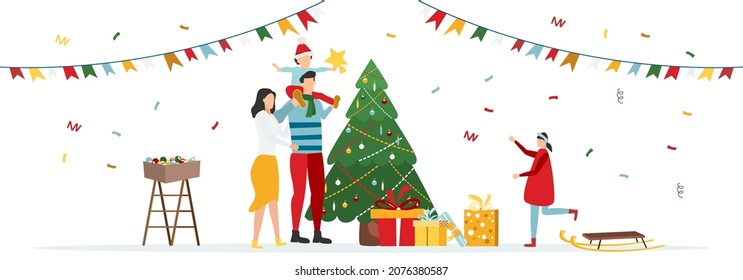 People decorate the Christmas tree. Happy family near the Christmas tree and gifts. Merry christmas. Vector illustration.