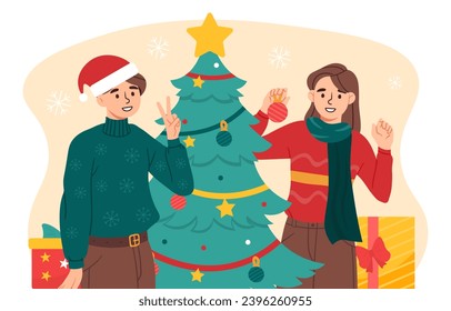 People decorate Christmas tree. Man and woman with garlands and toys. Winter holidays and New Year. Noel Eve preparation. Cartoon flat vector illustration isolated on white background