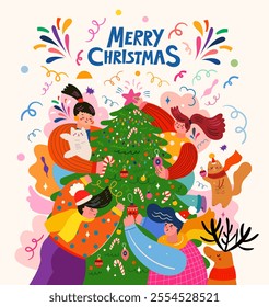 Сompany of people decorate the Christmas tree. Merry Christmas illustration	

