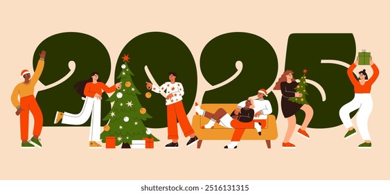 People decorate Christmas tree vector flat illustration. Friends celebrate New Year 2025 banner. Winter holidays party